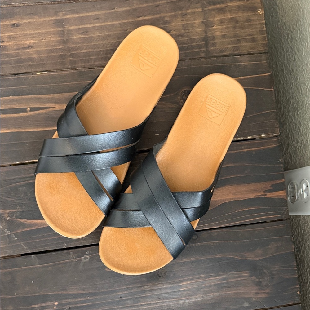 Reef Black Cross-Strap Slide Sandals with Tan Footbed
